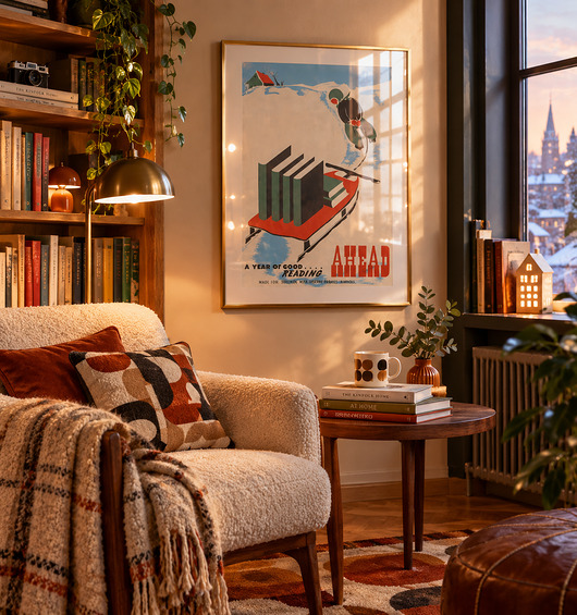 grafiki i ilustracje PLAKAT zimowy czytanie książek prezent dekoracja biblioteki książki