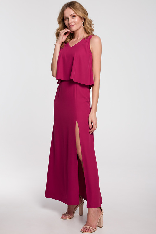 sukienki maxi damskie Sukienka maxi z falbaną u góry-śliwkowa(K-048)