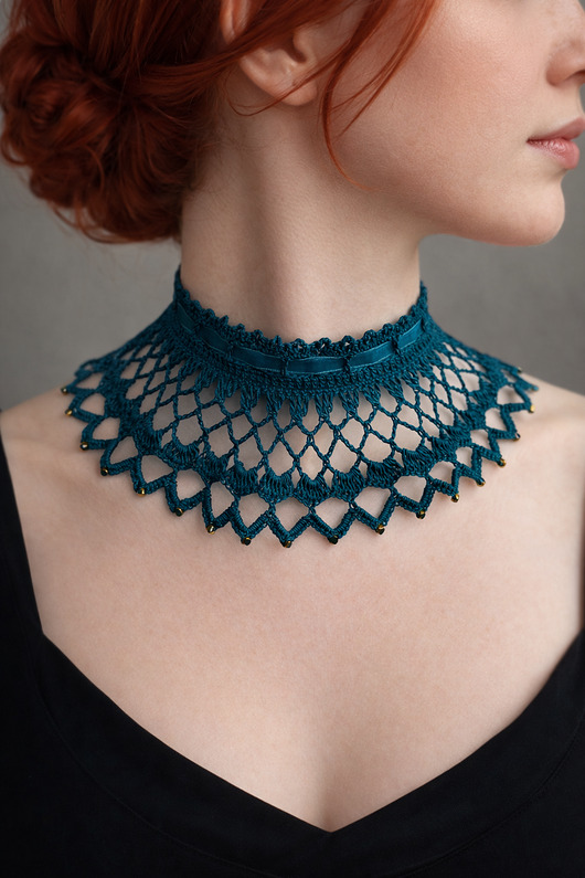 chokery Naszyjnik koronkowy ciemny turkus/morski styl retro