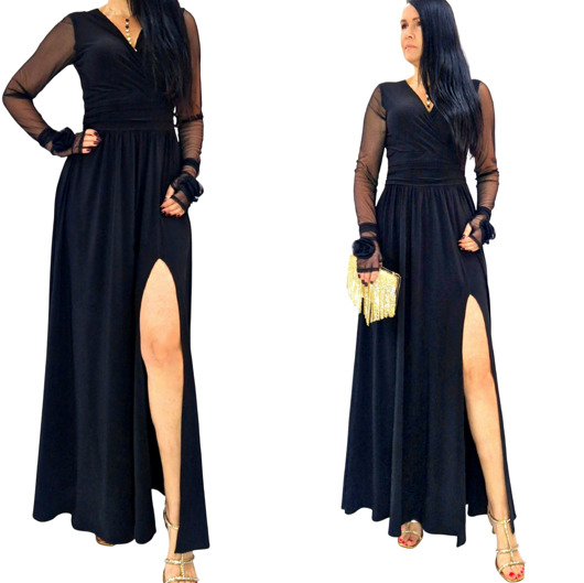 sukienki maxi damskie Sukienka wieczorowa maxi z długim tiulowym rękawem z różą r34-56