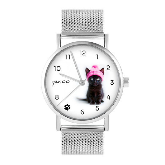 zegarki damskie Zegarek - Czarny kotek, cyfry - bransoleta mesh