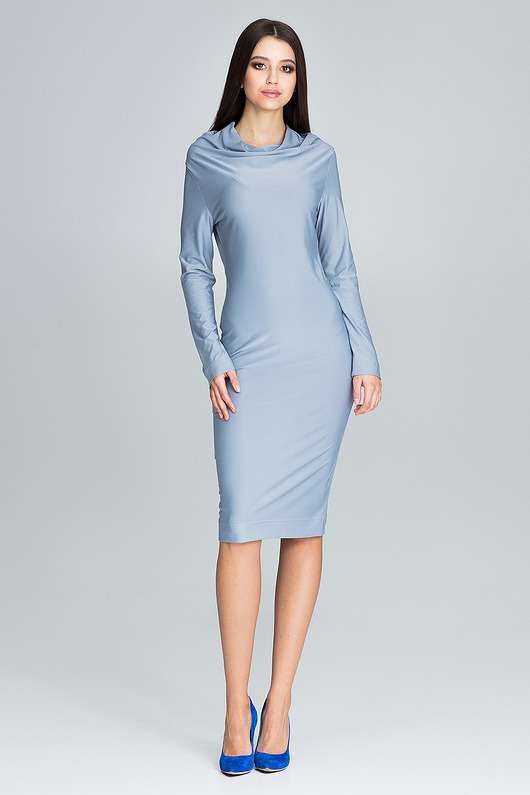 sukienki midi damskie Elegancka dopasowana sukienka midi z długim rękawem i lejącym dekoltem - M603