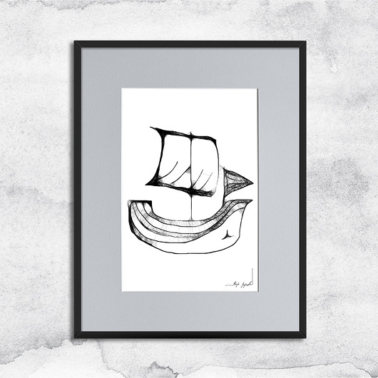 grafiki i ilustracje Statek - autorska grafika z ramą - nr 20