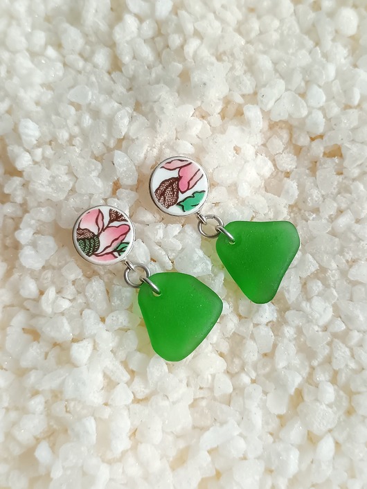 kolczyki ceramiczne Kolczyki ceramiczne w kwiaty + szkło z morza