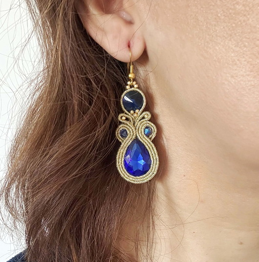 kolczyki soutache Kolczyki sutasz w kolorze złoto-granatowym z kryształkami