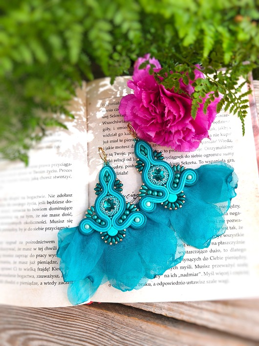 kolczyki soutache Peony Turquiose kolczyki sutasz z kwiatami turkusowe