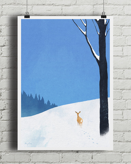 plakaty Zima w lesie / Sarna na śniegu - plakat fine art