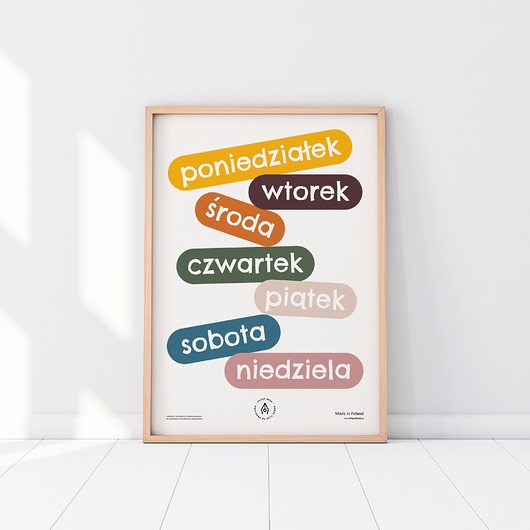obrazy i plakaty do pokoju dziecięcego Plakat edukacyjny DNI TYGODNIA wspierający naukę pierwszych słów dzieci