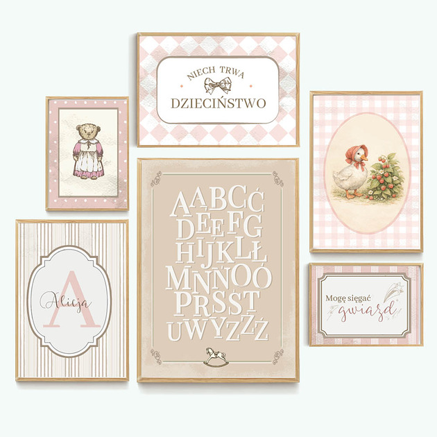 obrazy i plakaty do pokoju dziecięcego Różowy vintage - zestaw plakatów z inicjałem