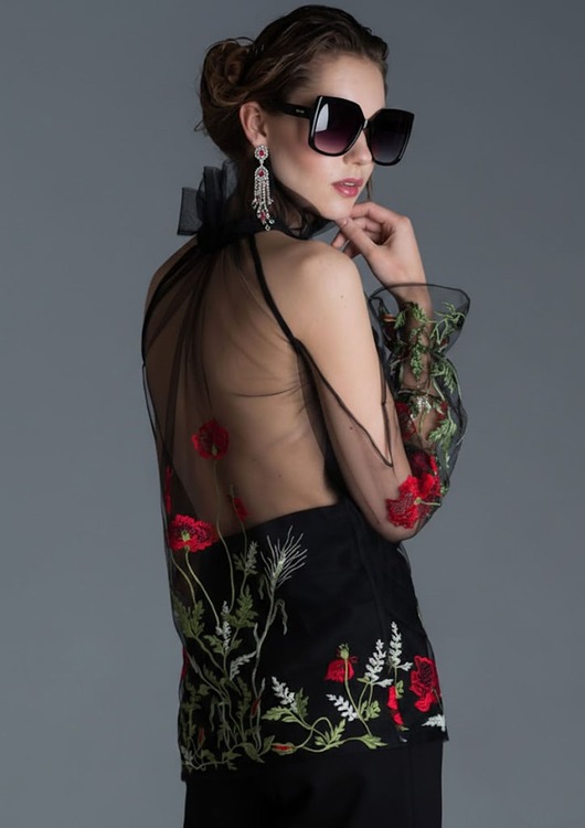 bluzki z długim rękawem damskie Bluzka tiulowa w maki