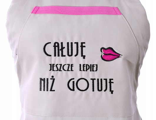 fartuchy kuchenne Fartuch Kuchenny bawełniany beżowy haftowany Całuję jeszcze lepiej PREZENT