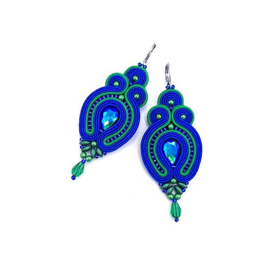 kolczyki soutache Verra kolczyki sutasz zielono chabrowe wiszące z kryształkami