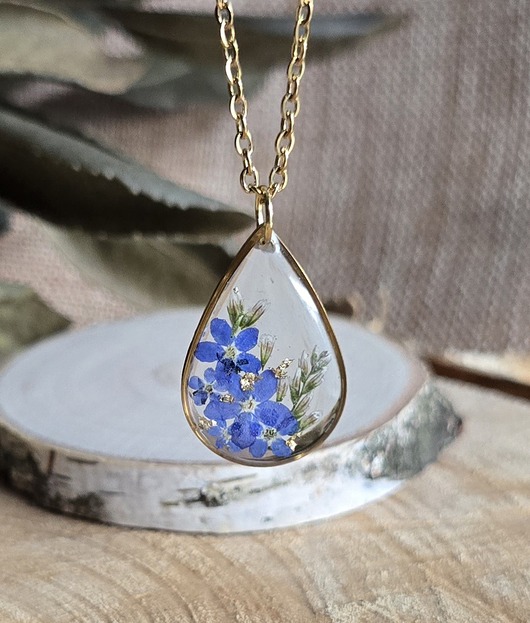 wisiory Złoty wisiorek prawdziwe kwiaty zawieszka łezka łza niezapominajki