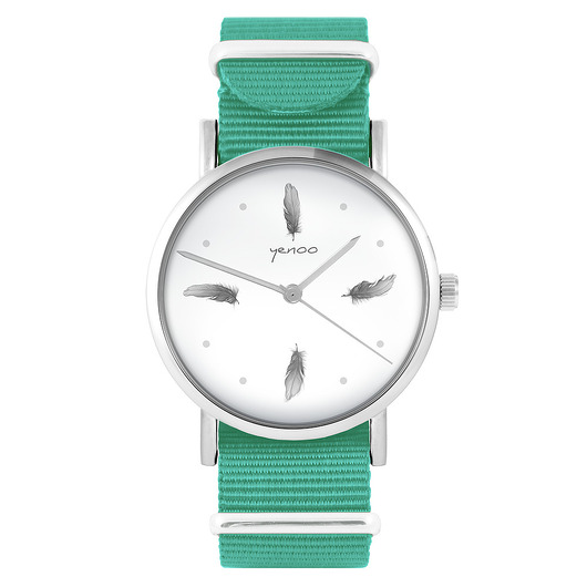 zegarki damskie Zegarek -  Szare piórka  - turkusowy, nylonowy