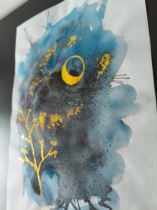 grafiki i ilustracje Złoto akwarele 30x42 abstrakcja szlagmetal folia Golden noc kosmos