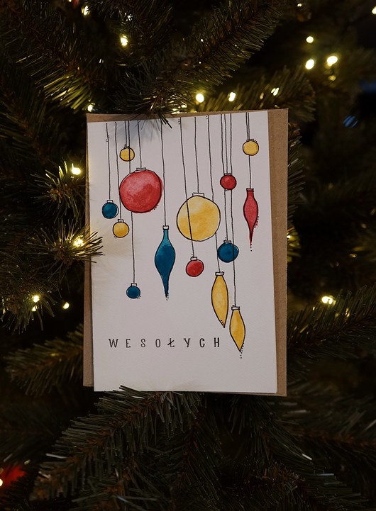 kartki scrapbooking Kartka Świąteczna Kolorowe Bombki, akwarela.
