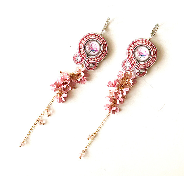 kolczyki soutache Długie sutaszowe kolczyki LOTUS z kwiatami