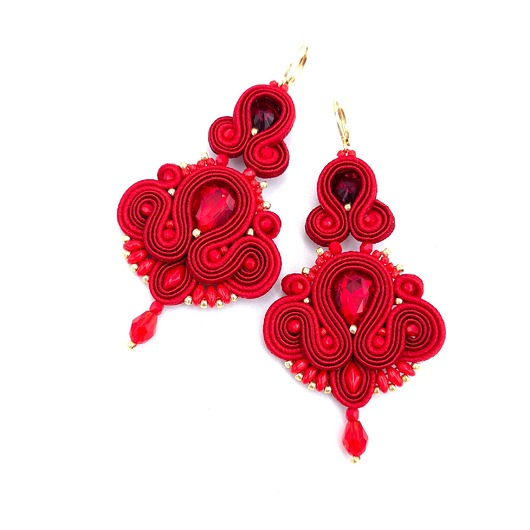 kolczyki soutache Sole kolczyki sutasz czerwone wieczorowe wiszące z kryształkami