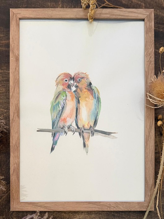 obrazy Ręcznie malowany obrazek "Papużki nierozłączki"