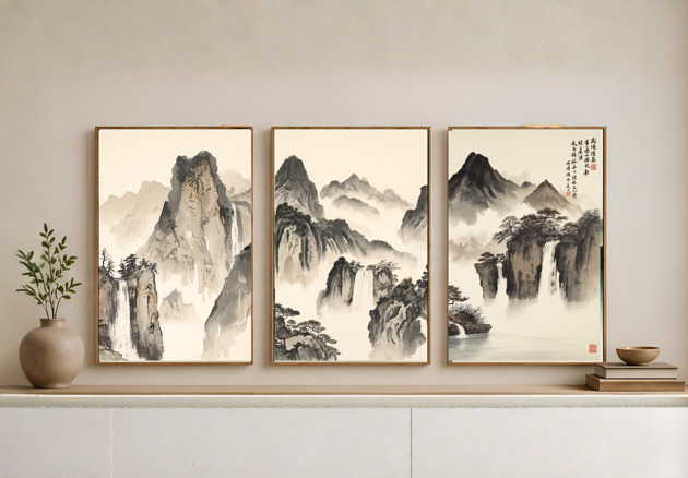 plakaty 3 PLAKATY góry, krajobraz górski Japonii, japandi galeria ścienna