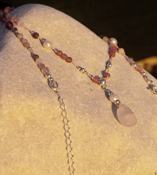 srebrne naszyjniki Kwarc różowy, turmalin, opal - naszyjnik znaków ziemii i powietrza