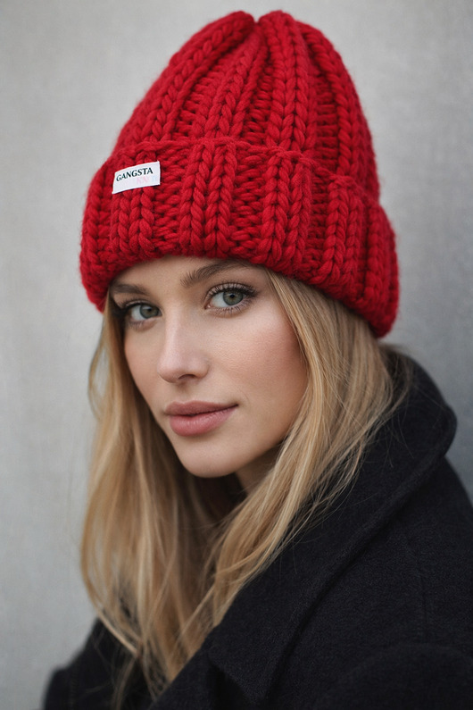 czapki damskie Gruba wełniana czapka beanie 100% wełna kolor świąteczny czerwony