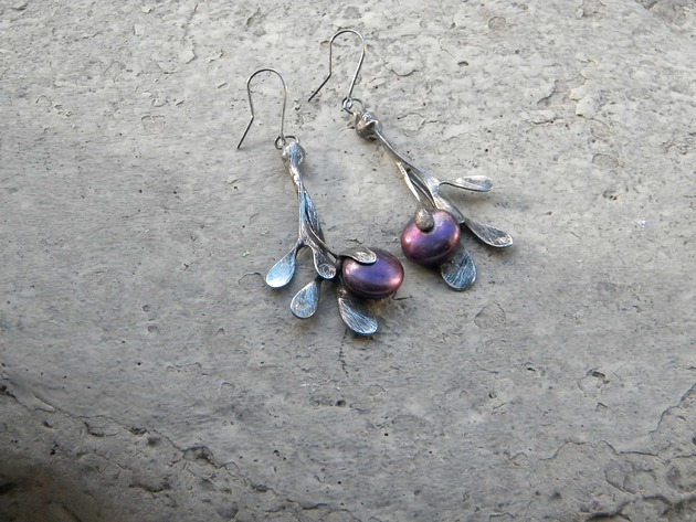kolczyki wire wrapping Fioletowe perły -  gałązki  - kolczyki