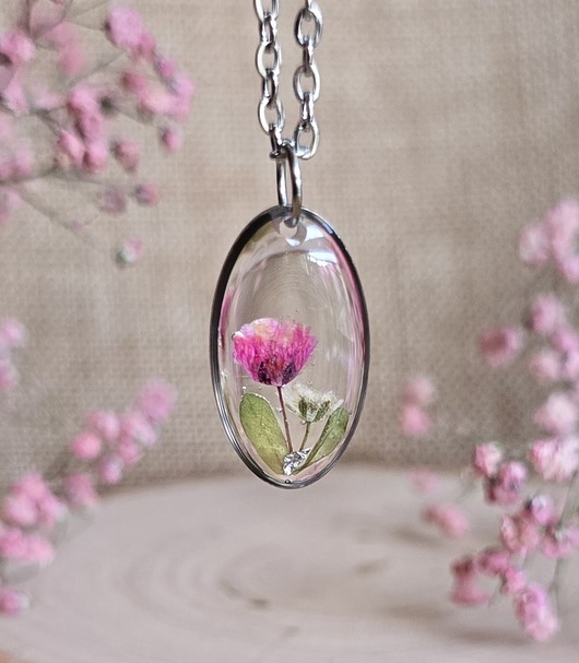 wisiory Wieczne kwiaty różowe prawdziwe kwiaty wisiorek gipsówka srebrna