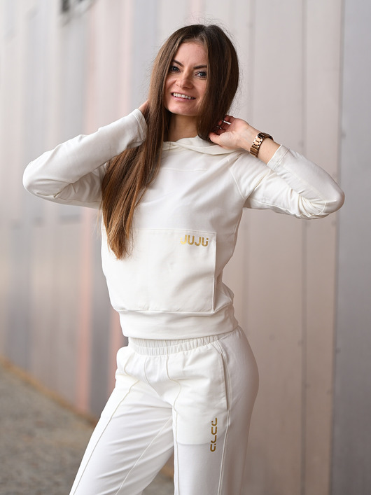 bluza z kapturem damska Bluza dresowa ze szczypankami - śmietankowa