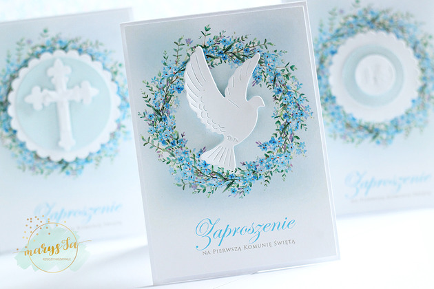 zaproszenia na komunię Zaproszenie na I Komunię Świętą - GOŁĄBEK niebieski