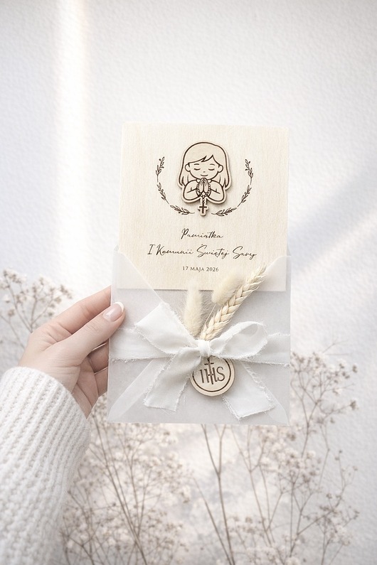 kartki na komunię Kartka na pamiątkę I Komunii Świętej DREWNIANA