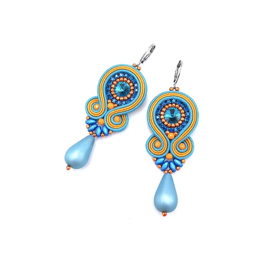 kolczyki soutache Kolczyki sutasz pomarańczowo turkusowe kolorowe z dużą łezką Cleo