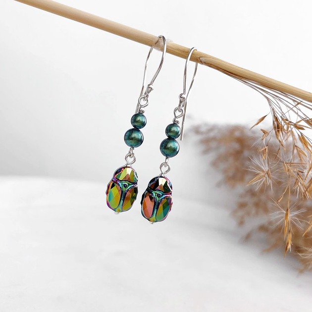 kolczyki srebrne Kolczyki srebrne Zielone skarabeusze