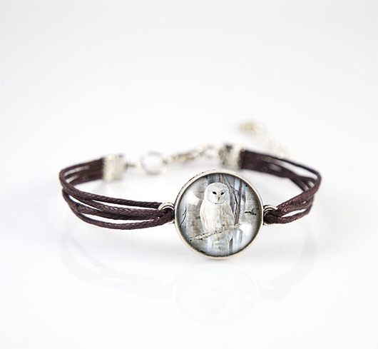 bransoletki ze szkła Bransoletka - Biała sowa - brązowa, sznurki