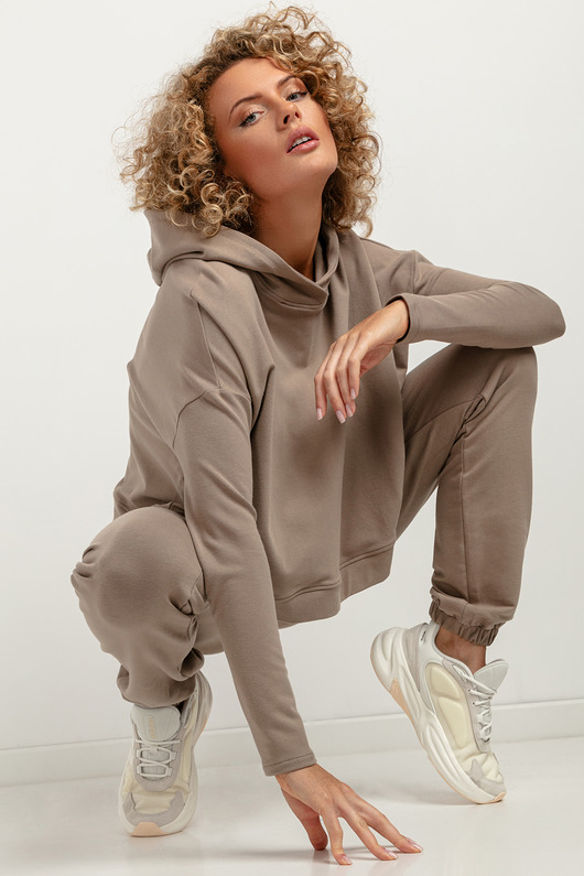 bluza z kapturem damska Luźna bluza z kapturem T380, cappuccino