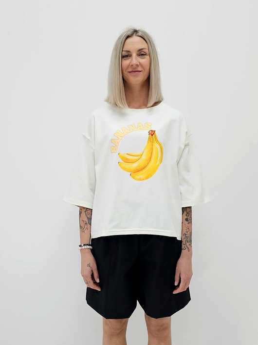 t-shirt damskie Bawełniana bluzka z bananami o luźnym kroju z rękawem 3/4