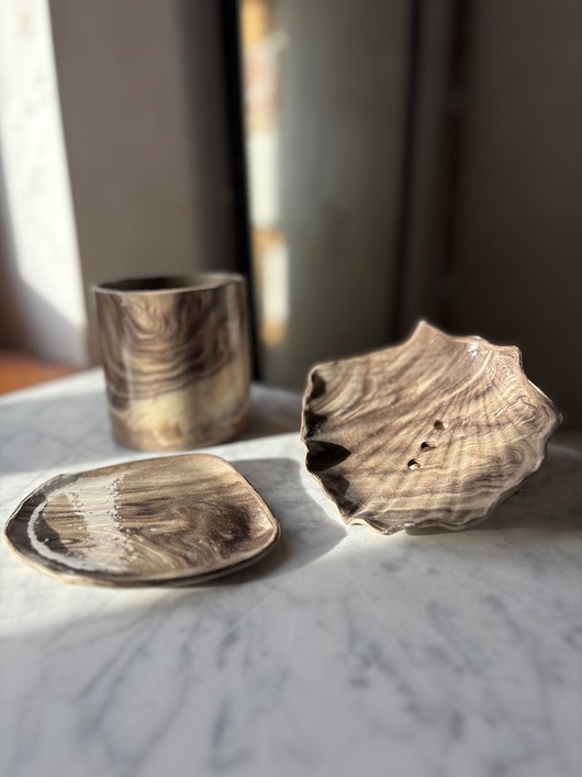 mydelniczki Zestaw Łazienkowy z Owalną Mydelniczką Muszlą z Odpływem Marble Effect