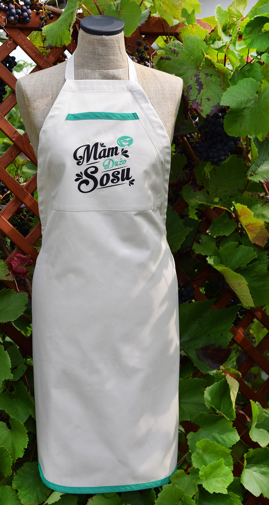 fartuchy kuchenne Fartuch Kuchenny bawełniany beżowy haftowany MAM DUŻO SOSU EXTRA PREZENT