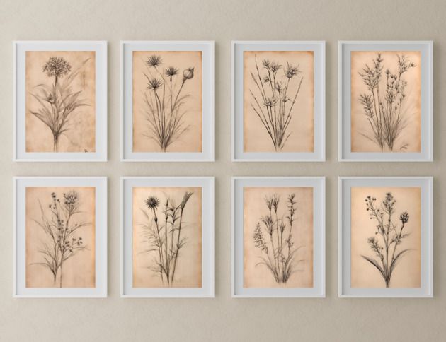 grafiki i ilustracje ZESTAW 8 PLAKATÓW beżowe botaniczne vintage