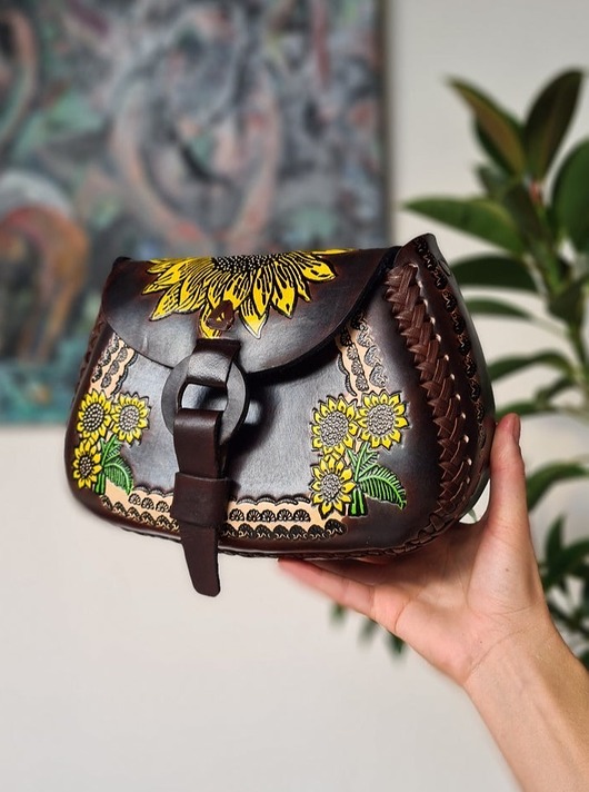 torby na ramię Torebka skórzana ręcznie robiona Ramona z grubej skóry słoneczniki