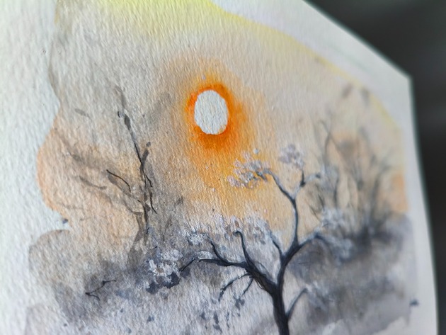 obrazy Akwarele ZIMA Miesiące Krajobraz Rośliny obraz słońce wschód śnieg