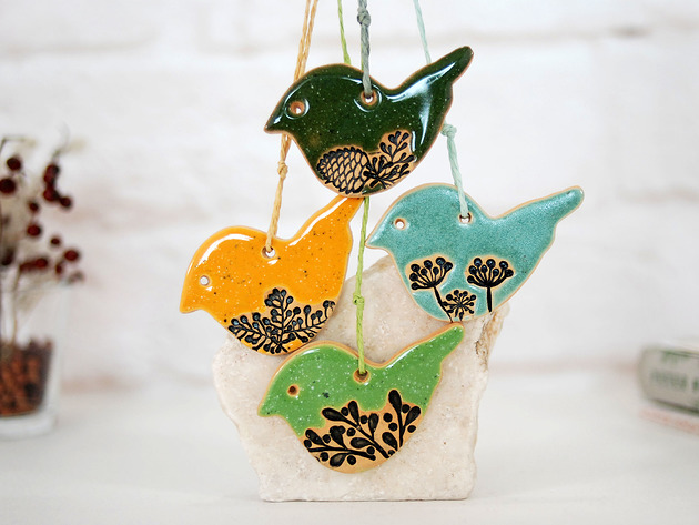 3 Ceramiczne ptaszki - ozdoby choinkowe 10FingersArt