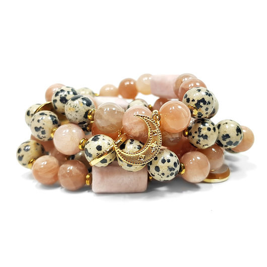 bransoletki z kamieni naturalnych Bransoletka kamień słoneczny, jaspis dalmatyńczyk, opal różowy i księżyc