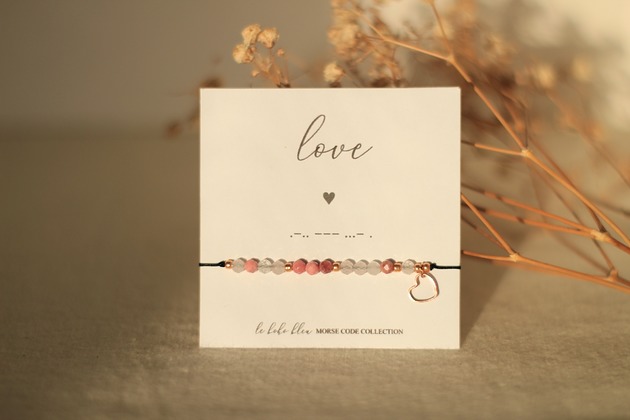 bransoletki na sznurku LOVE - Alfabet Morse'a - Kwarc Różowy i Rodonit