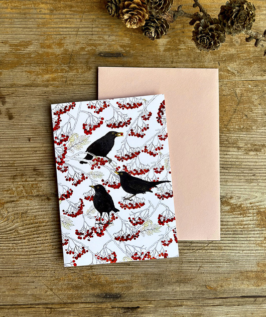 kartki okolicznościowe - wydruki Kosy w jarzębinie- Kartka- Grafika- Ilustracja- Ptaki