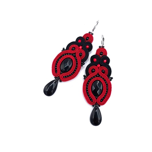 kolczyki soutache Audra kolczyki sutasz z onyksem czerwono czarne eleganckie z łezką