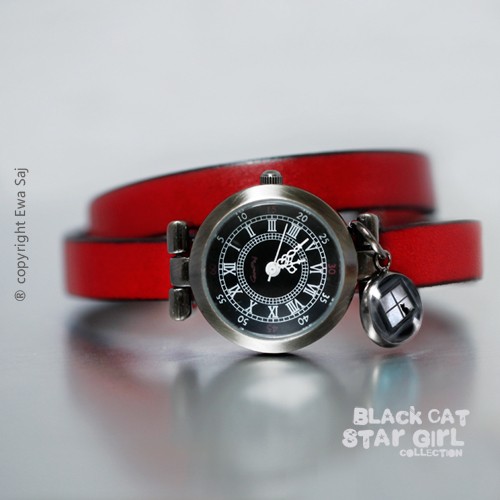Bransoletka - zegarek - czerwona - Black Cat Ewa Saj Fotografie