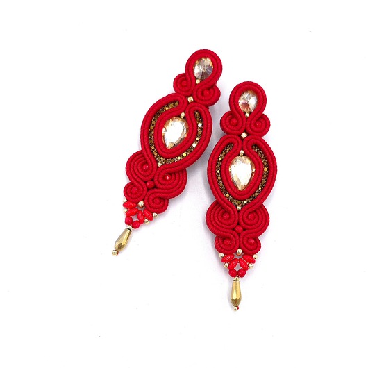 kolczyki soutache Kolczyki sutasz czerwone ze złotem Ismara wieczorowe z kryształkami