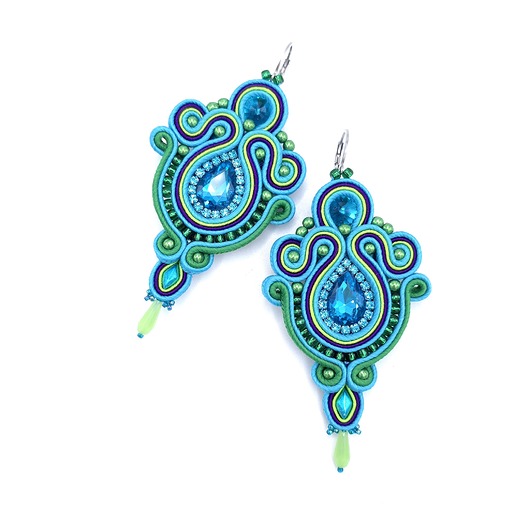 kolczyki soutache Liza kolczyki sutaszowe turkusowo zielone długie z kryształkami