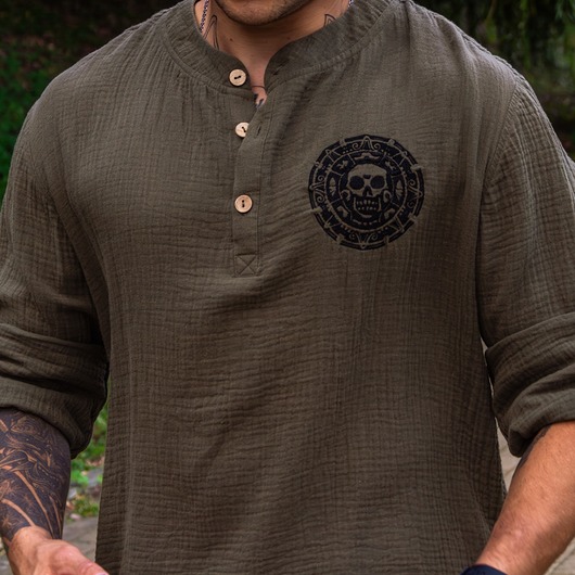 koszule męskie Koszula męska muślinowa Ciemno zielony kolor, Motyw piracki, Złoto Azteków